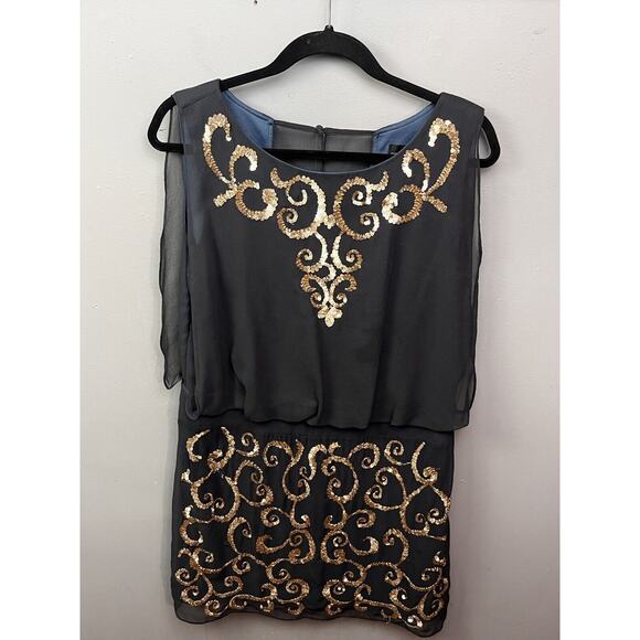 Betsy‎ & Adam Sleeveless Cocktail Dress Womens 12 Black Gold Metallic sequins - Picture 1 of 8